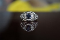 wedding photo -  Sapphire Engagement Rings - Michael Raven - Rick Lara - 1 Carat Sapphire & Diamond Halo Engagement Ring - Antique Inspired Engagement Ring, Vintage Style - Blue Sap