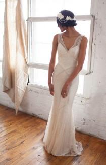 wedding photo - Beaded Lace Art Deco 1930s Inspired Sleeveless Bridal Gown With Bias Silk Slip, Lace Train And Bustle, Low V Back, Mermaid, The "Gemma"