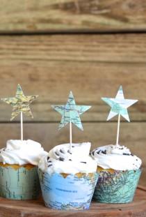 wedding photo - Vintage Map Star Cupcake Toppers
