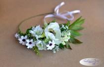 wedding photo - White anemone wildflowers Wreath. White green wildflowers halo. Boho Bridal Accessory. White Bridal Flower Crown