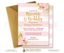 wedding photo - BRUNCH & BUBBLY INVITATION Bridal Shower Invite Pink Peonies Blush Stripes Gold Glitter Confetti Printable Rose Free Shipping or DiY- Krissy