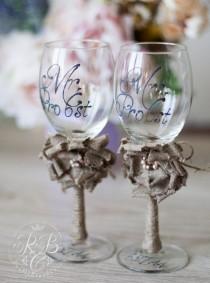 wedding photo -  Personalized wedding wine glasses / Rustic Chic Wedding glasses with rope, lace /  wedding party glasses