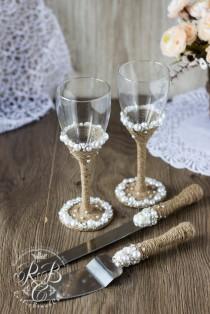 wedding photo -  Vintage Chic WHITE Wedding SetCake Server and Knife Wedding glasses with light brown ropepearlcrystals & pearls weddingRustic4pcs