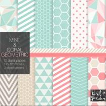 wedding photo - Mint, coral and sand digital paper pack. Geometric but still cute and lovely patterns. PNG files for small commercial use. Love them all!!
