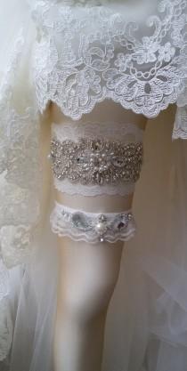 wedding photo -  Wedding Garter Set , Ivory Lace Garter Set, Bridal Leg Garter, Wedding Accessory, Bridal Accessory, Rhinestone Crystal Bridal Garter