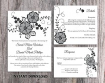 wedding photo -  DIY Lace Wedding Invitation Template Set Editable Word File Download Printable Rustic Wedding Invitation Vintage Floral Black Invitation