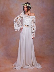 wedding photo - Alana 2-Piece Lace   Silk Chiffon Bohemian Wedding Dress. BELL SLEEVE Hippie Boho Style Wedding Dress. DREAMY Off Shoulder Wedding Gown