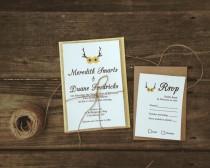 wedding photo - Rustic Sunflowers Wedding Invitation on linen with antlers and natural burlap with yellow envelopes & kraft envelopes reply cards -75 Count