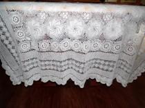 wedding photo - Vintage White Lace Overlay Wedding Tablecloth Pinwheel Design 56 X 86 Inches SVFT ECS Reduced