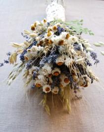 wedding photo - Custom Brides or Bridesmaid Bouquet Daisies and Dried Blue Lavender, Fern, Oats, Wheat wrapped with Daisy Lace Applique' Hemp Twine  Ribbon