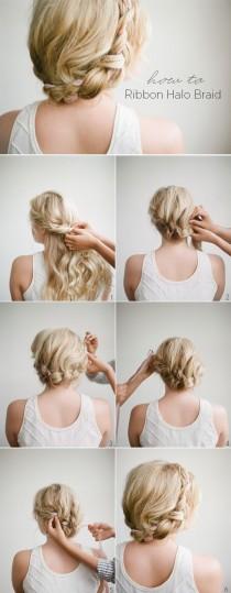 wedding photo - DIY Halo Braid Tutorial With Frou Frou Ribbon - Once Wed