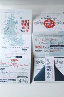wedding photo - Z-fold wedding invitation with casual bike wedding weekend itinerary, unique invite with bellyband typography map design - DEPOSIT LISTING