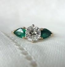 wedding photo - A .99 Carat Old Cut Diamond and Pear Shaped Emerald Engagement Ring in 14kt Yellow Gold - Ivy