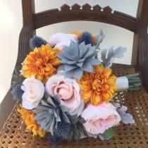 wedding photo - Orange Blush Succulent Silk Wedding Bouquet with Peony, Echeveria, Thistle, Dahlia, Rose & Dusty Miller