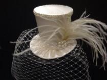 wedding photo - Off White Ivory Crepe Satin Mini Top Hat with Birdcage Veil for Wedding, Bachelorette Party, Bridal Shower, Tea Party or Photo Prop