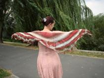 wedding photo - Striped lace shawl, soft summer scarf, womens scarf in red white and brown, shouldercover, crescent shape