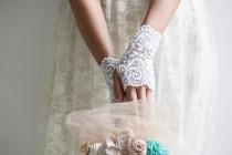 wedding photo - Bridal lace Gloves, ivory wedding gloves, short wedding mittens, bridal cuffs