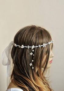 wedding photo - wedding ribbon pearl headband, bridal hairaccessory, weddding accessories, handmade, etsy, wire hairpin, bride, boho wedding, headpiece