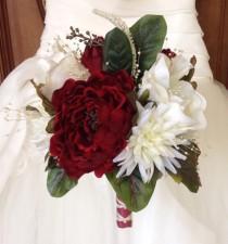 wedding photo - Bridal Bouquet, Winter Wedding Bouquet, Red and White Bouquet, Red Peony Bouquet, Peony Bouquet, Red and White Wedding Bouquet