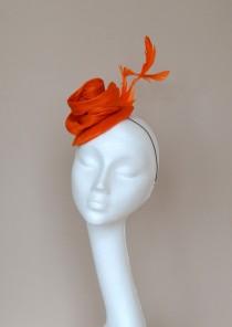 wedding photo - Small orange silk hat. Orange fascinator. Orange wedding hat. Orange flower hat.  Handmade silk hat. Derby hat. Ascot hat.