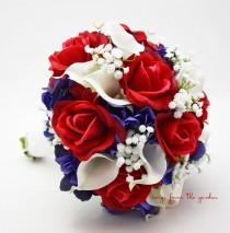 wedding photo - Red White & Blue Bridal Bouquet Roses Hydrangea Calla Lilies Baby's Breath Wedding Bouquet Silk Flower Bouquet Real Touch Red White and Blue