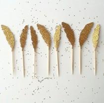 wedding photo - Gold Feather Cupcake Toppers - Glitter Paper feather decor - Aztec Boho party Gold Glitter - Wedding, Shower,Golden Birthday Cake toothpick