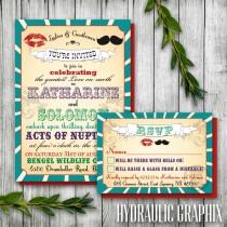 wedding photo - Vintage Printable Carnival Wedding Invitation and RSVP card for a Circus, Carnival theme, Kiss and Mustache, Mr. and Mrs.