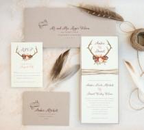 wedding photo - Rustic Antler Wedding Invitation Suite with Twine Wrap - Marsala Boho Antler Twine Invitations - Fall Wedding Invitation - SAMPLE