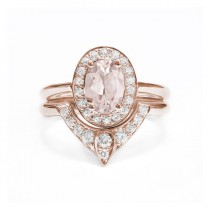 wedding photo -  Engagement Ring Oval Morganite The 3rd eye with Matching Side Diamond Band - Bridal Wedding Rings Set