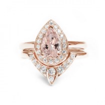 wedding photo -  Pear Morganite Engagement Ring with Matching Side Diamond Band - The 3rd Eye , Engagement and Wedding Ring Set
