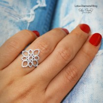 wedding photo -  Lotus Diamond Ring, Unique Engagement Ring, 14K White Gold Ring, Pave Diamond Ring, Cluster Ring, Flower Ring, Vintage Rings