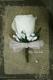 wedding photo - Ivory cream Rose Boutonniere  Groom groomsman bridal silk wedding flowers