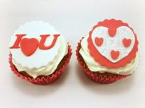wedding photo - Valentine Day Party Cupcake Edible Fondant Toppers Decor, Candy Gift Wedding Anniversary, Red Tic Tac Toe, "I love you" - 12 pcs