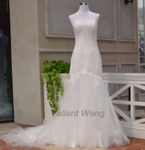 wedding photo - Mermaid Vintage Ivory Lace Tulle Wedding Dress Sweetheart Neckline Slight V With Scope Lace Hem