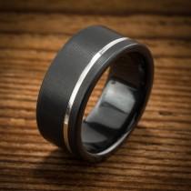 wedding photo - Men's Wedding Band Comfort Fit Interior Black Zirconium Silver Stripe Ring