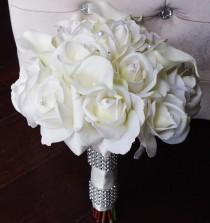 wedding photo - Silk Wedding Bouquet with Off White Roses and Callas - Natural Touch Silk Flower Bride Bouquet - Almost Fresh