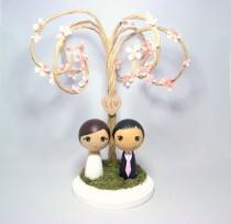 wedding photo - Custom Mini Kokeshi Wedding Cake Toppers with Cherry Blossom Tree and Base