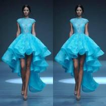 wedding photo - Short Chic Michael Cinco High Low Wedding Dresses Jewel Neckline Capped Sheer Bodice Sky Blue Lace Fluffy Short Beach Bridal Dresses Online with $120.06/Piece on Hjklp88's Store 
