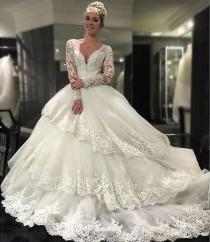 wedding photo - Vintage Beaded Appliques Wedding Dresses Tiers Long Sleeves 2016 White Lace Ball Gown Sexy V Neck Arabic A-line Bridal Gowns Plus Size Online with $128.82/Piece on Hjklp88's Store 
