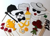 wedding photo - Kentucky Derby Photo Booth Props - Horse Racing Photobooth Prop Set of 26 includes Roses, Trophy, Jockey Hat, Mint Julep, Bourbon, and Horse