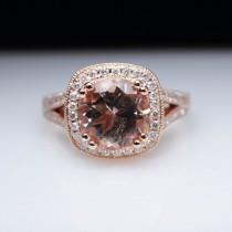wedding photo - Large Round Morganite Intricate Halo Diamond Engagement Ring 14k Rose Gold Morganite Engagement Ring Peach Morganite Ring Diamond Ring