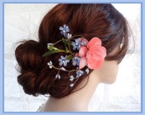 wedding photo - floral hair clip, bridal hair piece, coral hair clip, blue hair flower, periwinkle blue hair accessory, bridal headpiece, wedding hair clip