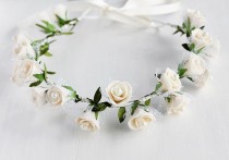 wedding photo - Cream Rose Crown, Wedding Halo, Bridal Head Wreath, Woodland Crown, Rose Hair Garland, Flower Girl Crown, Toddler Crown, Flower Girl Halo