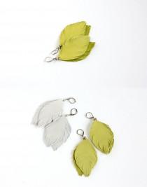 wedding photo - Leather feather earrings in lemon yellow  and suede leather earrings in light grey. Set of two