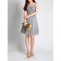 wedding photo -  Grey Sleeveless Illusion Tulle Pleated Knee Length Bridesmaid Dress Wedding Party Dresses