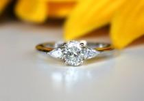 wedding photo - Oval Diamond 3 stone Engagement ring, 14K White gold, pear shaped accent side diamonds
