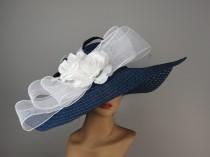 wedding photo - Women Hat Navy Blue Hat Big White Bow Kentucky Derby Hat Party Summer Hat Women Hat