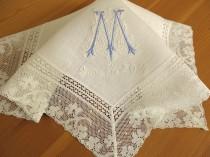 wedding photo - Wedding Handkerchief: Ivory Color Irish Linen Lace Handkerchief with Classic Zundt 1-Initial Monogram
