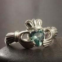 wedding photo - Aquamarine color CZ claddagh ring in Sterling silver