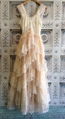 wedding photo - White & Blush Tiered Lace Ruffled Boho Wedding Dress By Mermaid Miss K